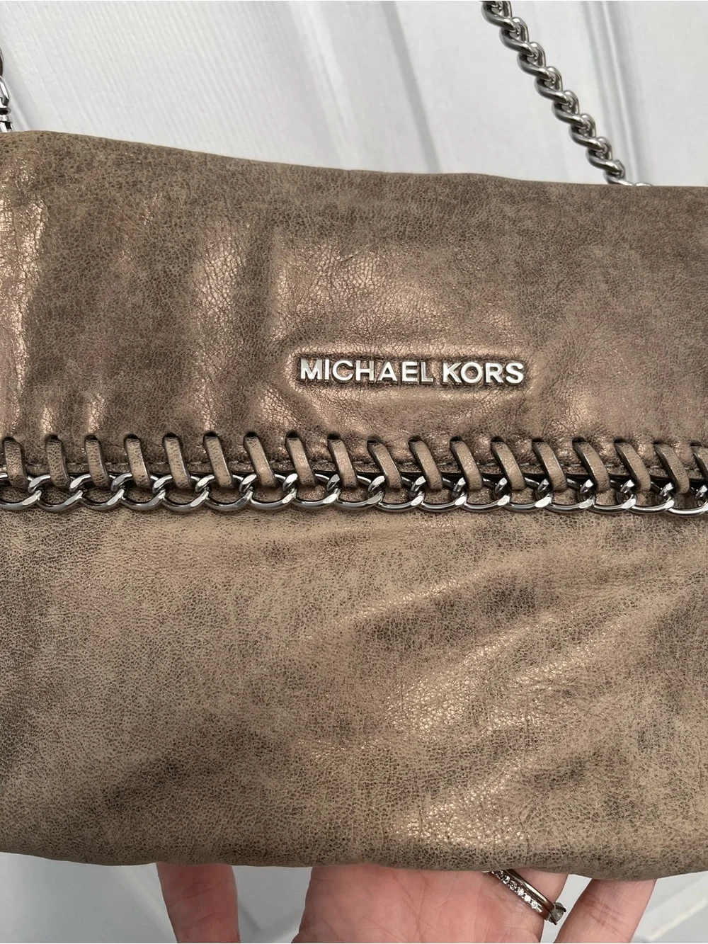 Michael Kors Distressed Leather Chain Trim Shoulder Clutch HandBag - Picture 5 of 17